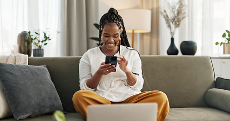 Image showing Home, funny and black woman on a sofa, cellphone and connection with social media, comedy post and laugh. African person, apartment or girl on couch, smartphone or mobile user with humor or typing