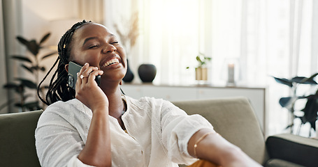 Image showing Funny, phone call and black woman on sofa, conversation or communication at home. Smartphone, talking and African person laughing, listening to story and comedy, chat or news and happy in living room