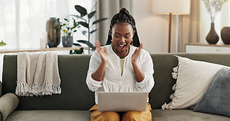 Image showing Black woman on sofa, surprise and celebration with laptop for remote work, social media or excited announcement. Happy girl on couch with computer for winning email, achievement and success in home.