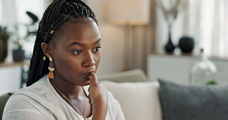 Image showing Stress, anxiety and woman biting nails in home with fear, worry and mental health risk. Face of african girl in living room with crisis of trauma, nervous habit and overthinking with doubt of mistake