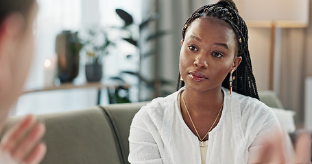 Image showing Psychology, mental health and empathy with a black woman therapist talking to a patient in her office. Support, consulting and trauma with a young psychologist listening to a client in grief therapy