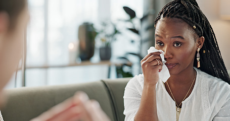 Image showing Psychology, mental health and support with a black woman therapist talking to a patient in her office. Consulting, empathy and trauma with a young psychologist listening to a client in grief therapy