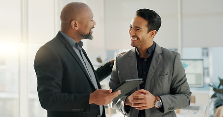 Image showing Talking, tablet and happy business people teamwork, cooperation or discussion on sales news, results or report. Communication, partnership and professional team reading success data, insight or stats