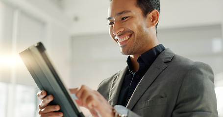 Image showing Business man, tablet and happy for stock market results, investment planning or reading financial report. Professional asian person or trader scroll on digital technology, trading and data analysis