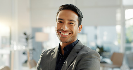 Image showing Crossed arms, laugh and face of business Asian man in office for leadership, empowerment and success. Corporate, manager and portrait of happy person in workplace for ambition, pride and confidence