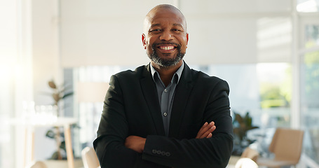 Image showing Crossed arms, happy and face of business black man in office for leadership, empowerment and success. Corporate, manager and portrait of person smile in workplace for ambition, pride and confidence