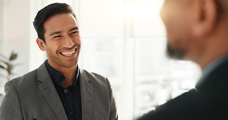 Image showing Business men, shaking hands with interview or collaboration in meeting, communication and networking. Working together, discussion and corporate partnership, feedback and hr with handshake and talk