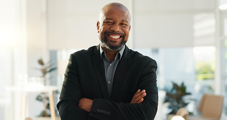 Image showing Crossed arms, laugh and face of business black man in office for leadership, funny joke and success. Corporate, manager and portrait of happy person in workplace for ambition, pride and confidence
