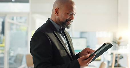 Image showing Black man in office with tablet, email or social media review for tech business, schedule or agenda. Internet, digital app and businessman networking online for market research, website and report.