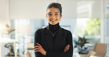 Image showing Crossed arms, happy and face of business woman in office for leadership, empowerment and success. Creative agency, startup and portrait of person smile in workplace for ambition, pride and confidence