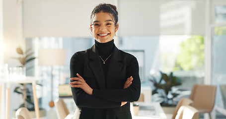 Image showing Crossed arms, happy and face of business woman in office for leadership, empowerment and success. Creative agency, startup and portrait of person smile in workplace for ambition, pride and confidence