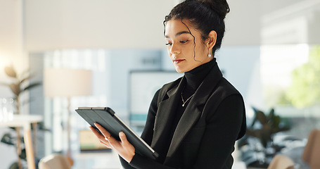 Image showing Happy businesswoman in office with tablet, email or social media for business feedback, schedule or agenda. Smile, digital app and woman networking online for market research, web review and report.