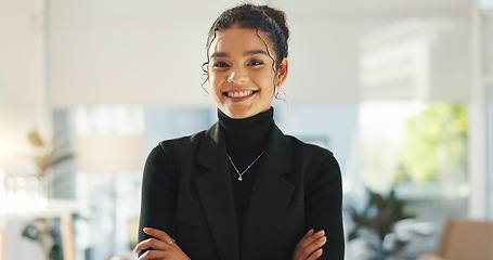 Image showing Crossed arms, happy and face of business woman in office for leadership, empowerment and success. Creative agency, startup and portrait of person smile in workplace for ambition, pride and confidence