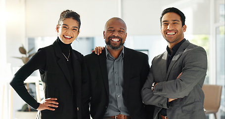 Image showing Business people, happy with diversity and face of team with smile, financial advisor group in the workplace. Professional, collaboration and trust, confidence in portrait and accounting partners