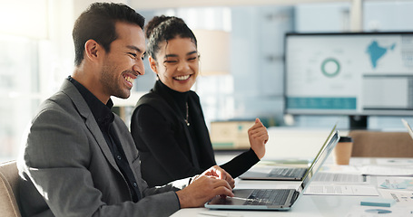 Image showing Business people, laptop advice and meeting for data analysis, teamwork and collaboration of finance report. Professional woman, clients or employees on computer for help or talk of online statistics