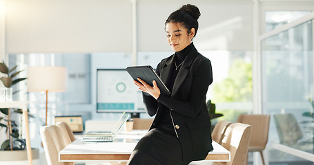 Image showing Happy woman in office with tablet, email or social media review for tech business, schedule or agenda. Smile, digital app and businesswoman networking online for market research, website and report.