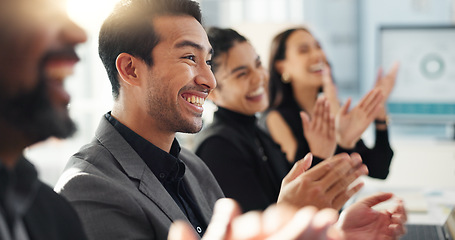Image showing Business people, applause and meeting success with support or thank you for achievement, praise or promotion. Professional group, men and women clapping for news, congratulations or team presentation