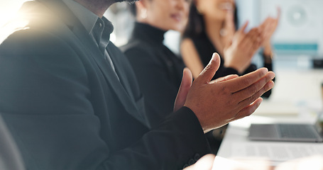 Image showing Business people, hands and applause in meeting, teamwork or thank you for presentation or conference at office. Closeup of employees or team clapping in motivation, support or workshop at workplace