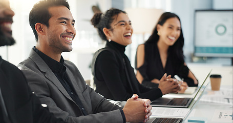 Image showing Meeting, happy business people listening and planning in office for b2b project with smile and collaboration. Audience, men and women at workshop in corporate training, attention and working together