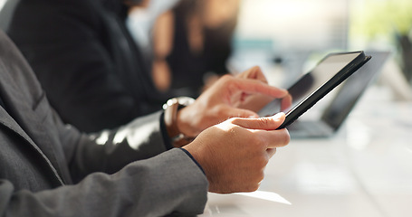 Image showing Hands of man at meeting in office with tablet, email or social media for business feedback, schedule or agenda. Networking, digital app and businessman online for market research, report and workshop