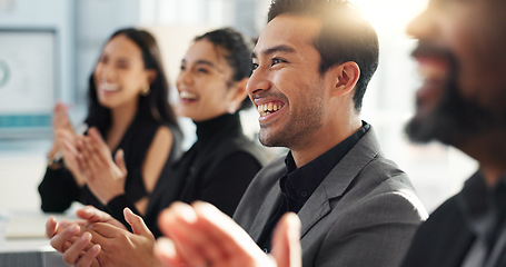 Image showing Business people, meeting and group applause in success, support or thank you for achievement, praise or promotion. Professional team of men and women clapping for news, congratulations or celebration