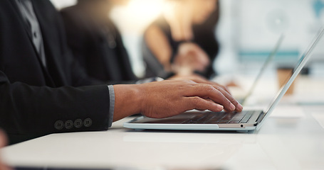 Image showing Hands of man at meeting in office with laptop, email or social media for business feedback, schedule or agenda. Networking, typing and businessman online for market research, report and workshop.