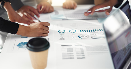 Image showing People hands, documents and meeting for data analysis, planning and teamwork in stats meeting and marketing strategy. Business group with paperwork, infographics and metrics report or brainstorming