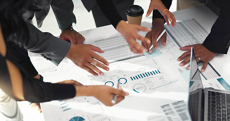 Image showing People hands, documents and meeting for data analysis, planning and teamwork in stats meeting and marketing strategy. Business group with paperwork, infographics and metrics report or brainstorming