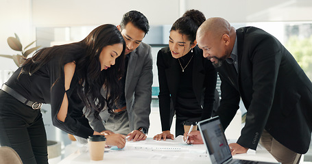 Image showing Meeting, business people writing notes and planning in office, project and problem solving collaboration. Strategy, men and women at workshop in corporate training, ideas and brainstorming together.