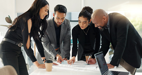 Image showing Meeting, business people writing notes and planning in office, project and problem solving collaboration. Strategy, men and women at workshop in corporate training, ideas and brainstorming together.