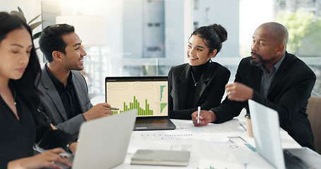 Image showing People, collaboration meeting and laptop screen for data analysis, financial report and planning of profit or accounting. Business manager or group review and talk of statistics or growth on computer