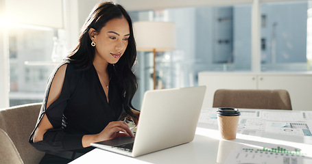 Image showing Woman in office with laptop, market research and notes for social media review, business feedback or planning. Thinking, search and businesswoman networking online for startup, website and report.