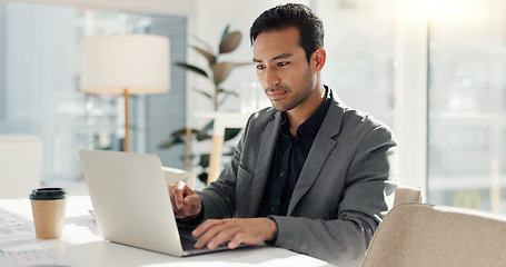 Image showing Man in office with laptop, market research and notes for social media review, business feedback or planning. Thinking, search and businessman networking online for startup, website and writing report