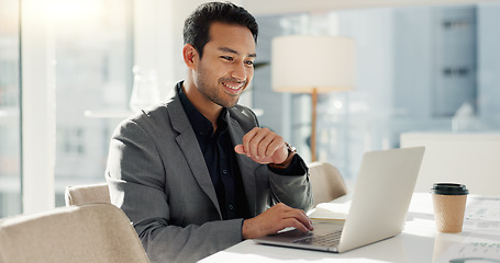 Image showing Man in office with laptop, market research and notes for social media review, business feedback or planning. Thinking, search and businessman networking online for startup, website and writing report