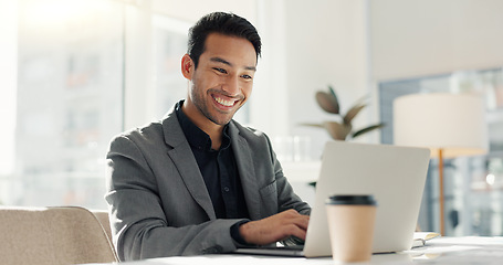 Image showing Happy man in office with laptop, market research and notes for social media review, business feedback or planning. Thinking, search and businessman networking online for startup, website and report.