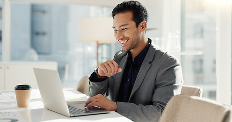 Image showing Happy man in office with laptop, market research and notes for social media review, business feedback or planning. Thinking, search and businessman networking online for startup, website and report.