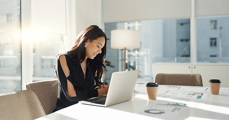 Image showing Woman in office with laptop, market research and notes for social media review, business feedback or planning. Thinking, search and businesswoman networking online for startup, website and report.