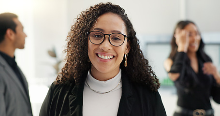 Image showing Face, business and woman with glasses, professional and lawyer in a meeting, corporate and employee. Portrait, person and worker in a workplace, smile and advocate with teamwork, law firm or ambition