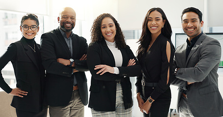 Image showing Business people, group and arms crossed in office, face and smile at law firm, justice and diversity. Corporate attorney, advocate and teamwork for men, women and happy together for legal knowledge