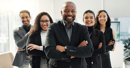 Image showing Business, happy people with arms crossed and diversity, face and team with financial advisor group in workplace. Professional, collaboration and trust, confidence in portrait and accounting partners