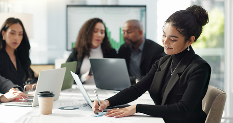 Image showing Business people, meeting and cooperation with planning, laptop and partnership with finance report, internet and investment. Staff, negotiation and group with a pc, budget and economy with teamwork