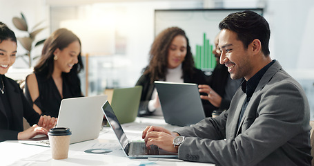 Image showing Man at meeting in office with laptop, internet and review for business feedback, schedule or agenda. Networking, typing and businessman online for market research, web report document and workshop.