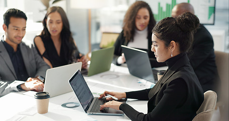 Image showing Woman at meeting in office with laptop, internet and review for business feedback, schedule or agenda. Networking, typing and businesswoman online for market research, report document and workshop.