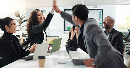 Image showing Business people, high five and meeting success, celebration and achievement of sales news, target or goals. Happy group applause, support and excited for bonus, winning or results on computer screen