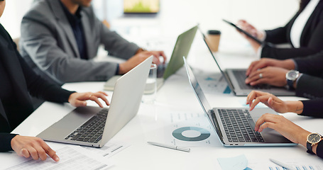 Image showing Group of business people at meeting in office with laptop, documents and teamwork for web feedback, schedule or agenda. Networking, men and women with computer, online market research and workshop.