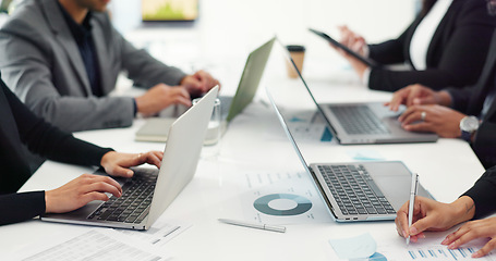 Image showing Hands of business people at meeting, typing on laptop for collaboration and teamwork, paperwork or agenda. Networking, group of men and women with computer, online market research and office workshop