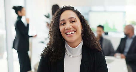 Image showing Face, happy woman and smile for success in business with meeting in strategy, planning or marketing at office. CEO, boss or manager of team for leadership, support or coaching in client communication