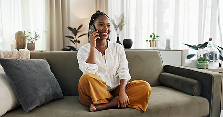 Image showing Funny, phone call and black woman on sofa, talking or communication at home. Smartphone, conversation and African person laughing, listening to story and comedy, chat or news and happy in living room