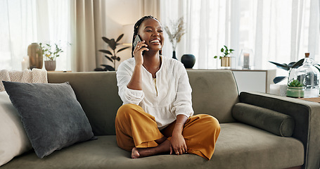 Image showing Funny, phone call and black woman on sofa, talking or communication at home. Smartphone, conversation and African person laughing, listening to story and comedy, chat or news and happy in living room