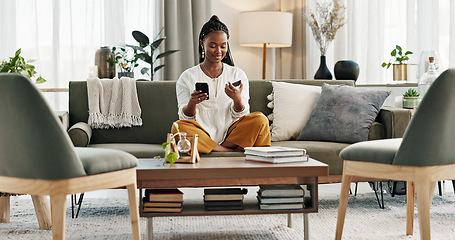 Image showing Home, credit card and black woman on a couch, smartphone and connection with payment, online shopping and smile. African person, apartment or girl on sofa, cellphone or transaction with investment